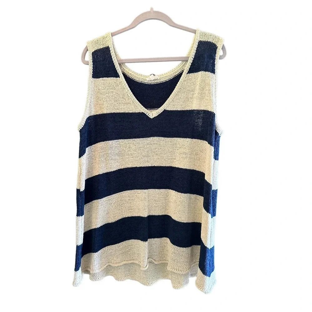 ODDY Navy and Cream Striped Knit Sleeveless Sweater Tank